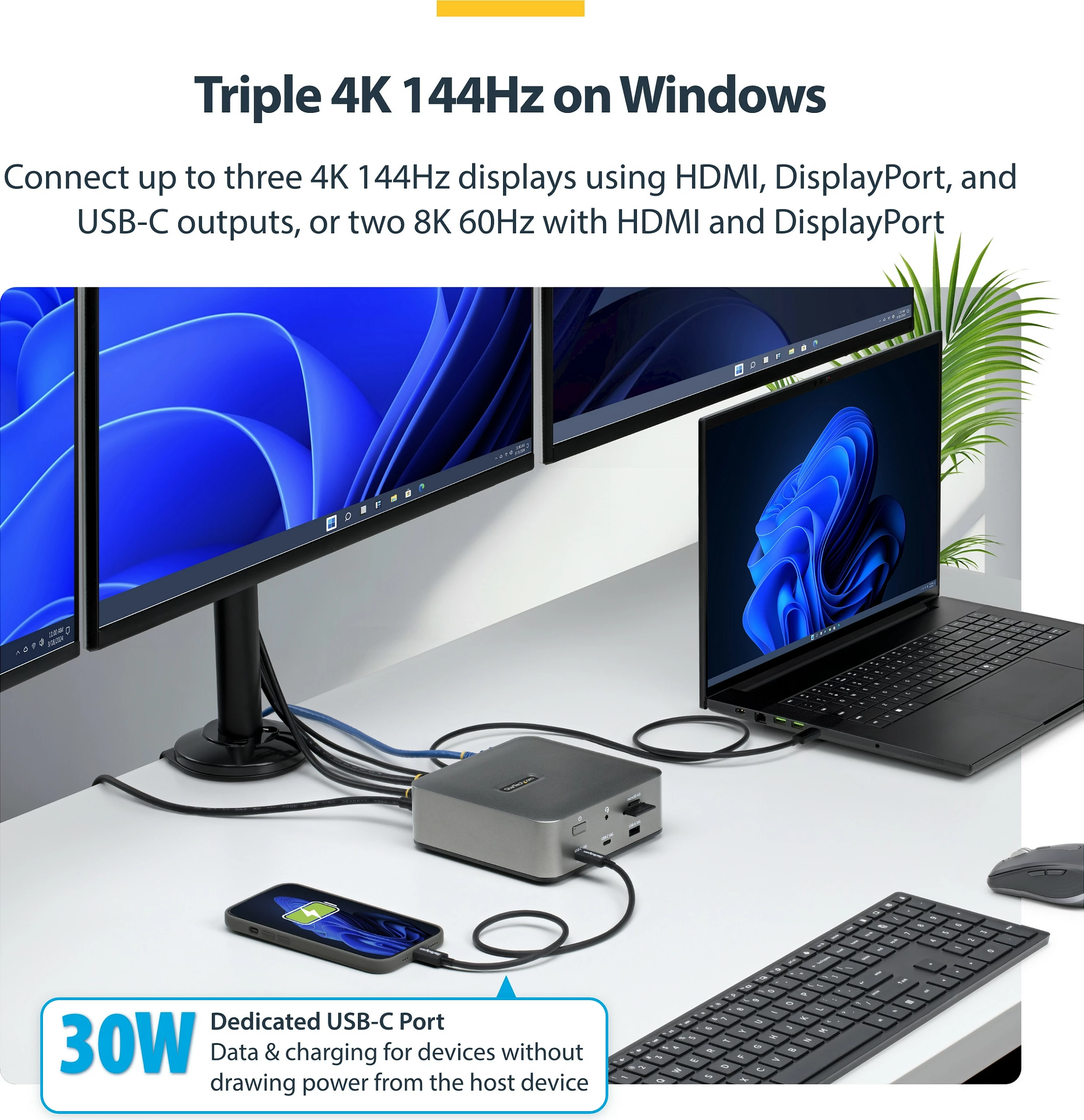Docking station StarTech Thunderbolt 5, DP/HDMI, triple 4K 144Hz, karikim 140W, 2.5G Ethernet, gri