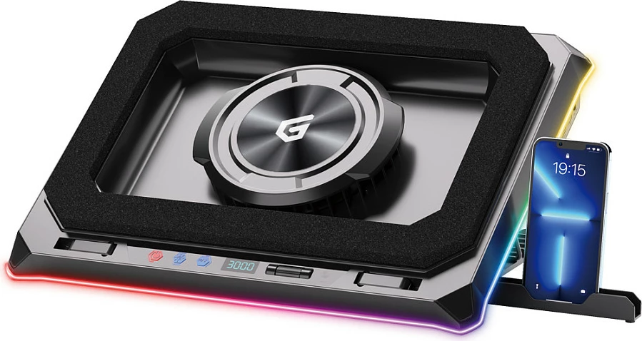 Kuler për laptop Conceptronic, USB-C, RGB, me mbajtëse telefoni, 12V