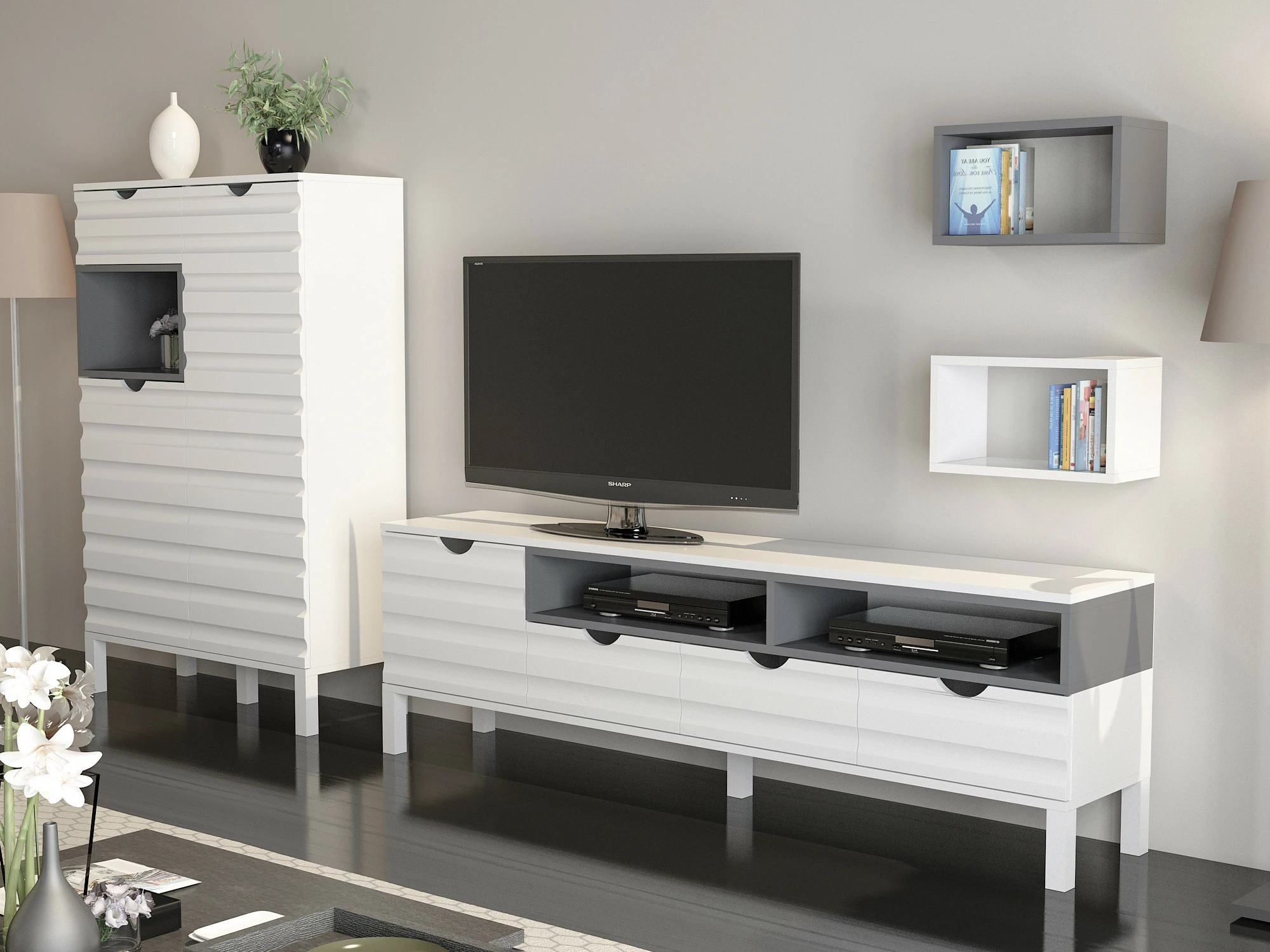Komodë TV Skye Decor, bardhë dhe antracit, Adel