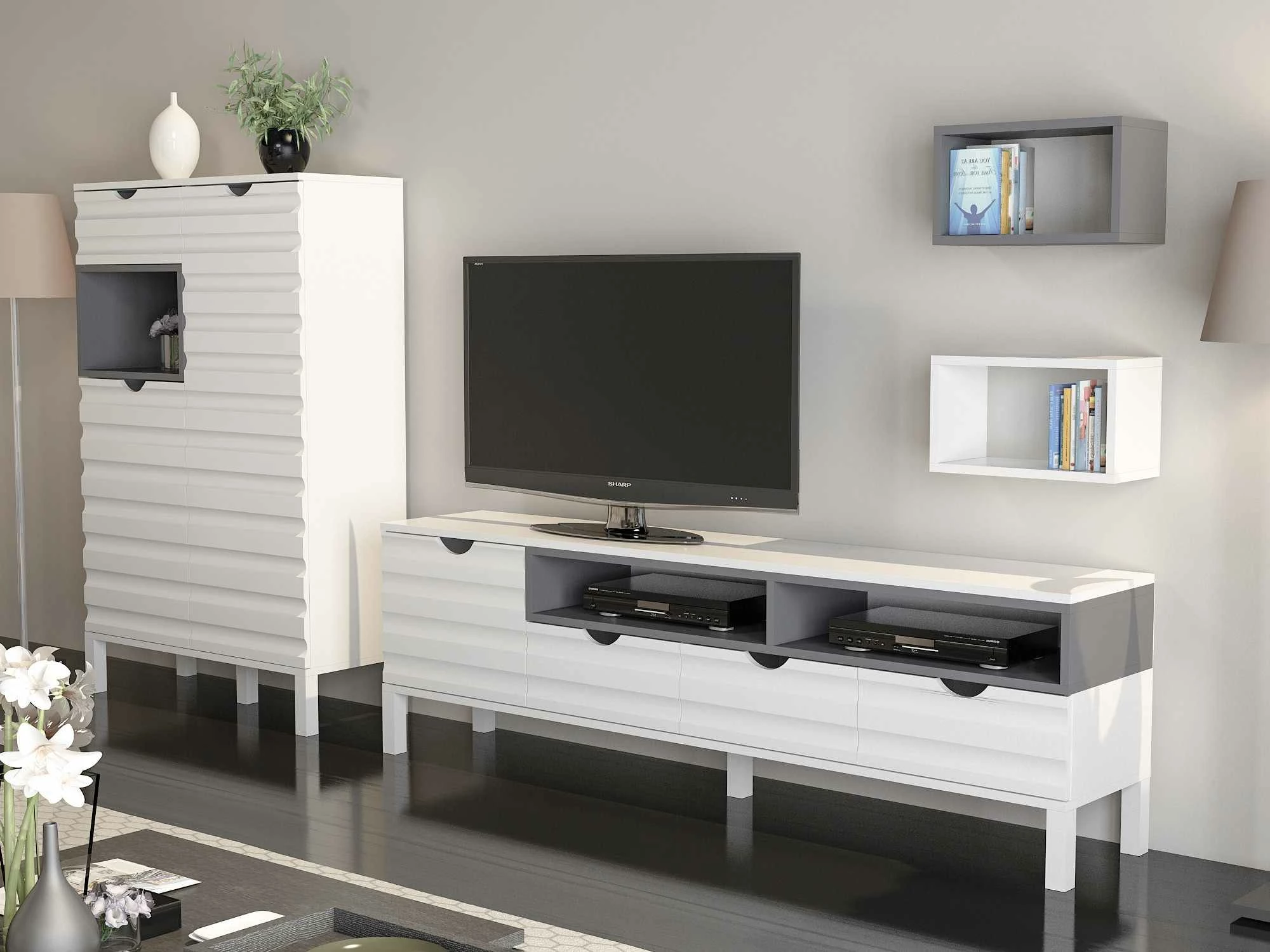 Komodë TV Skye Decor, bardhë dhe antracit, Adel