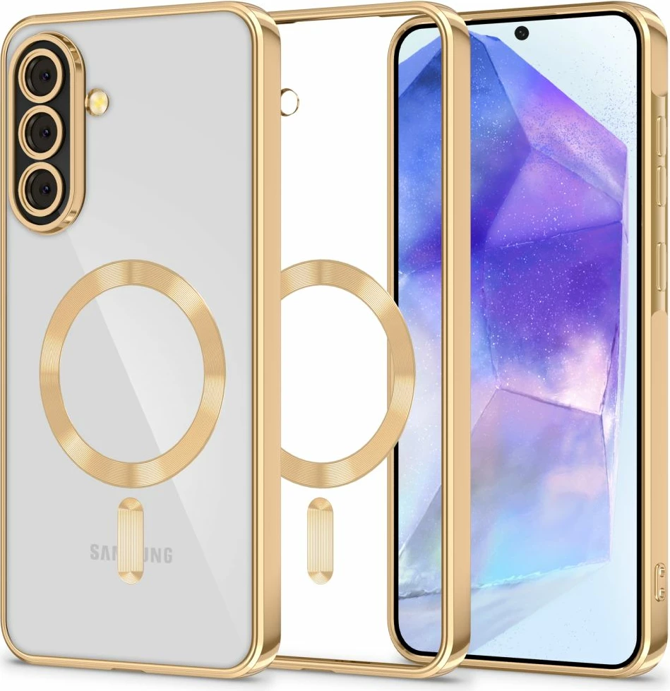 Mbështjellës Tech-Protect MagFlex MagSafe për Samsung Galaxy A57 5G, transparent me kornizë të artë