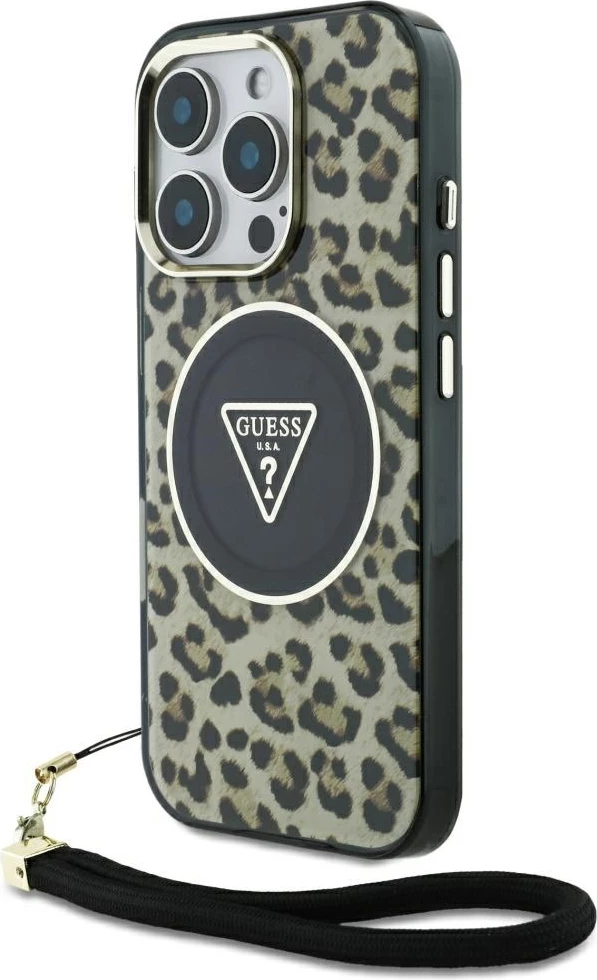Mbështjellës Guess HC IML Leopard Triangle Cord Strap për iPhone 16 Pro Max, MagSafe, Kafe