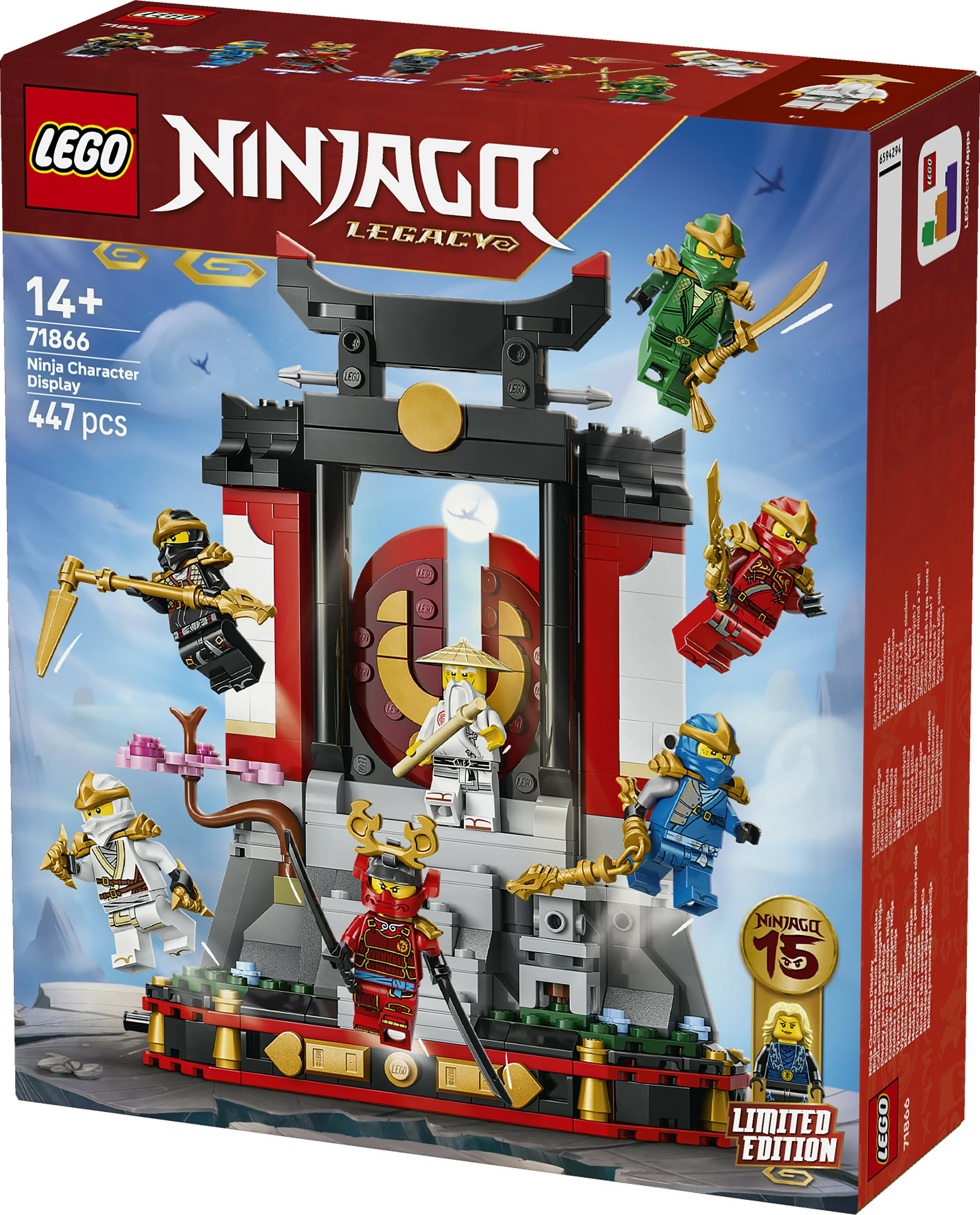 Set ndërtimi LEGO NINJAGO 71866 Ninja Character Display 15th Anniversary, 447 pjesë, 8 minifigura, 14+, multicolor