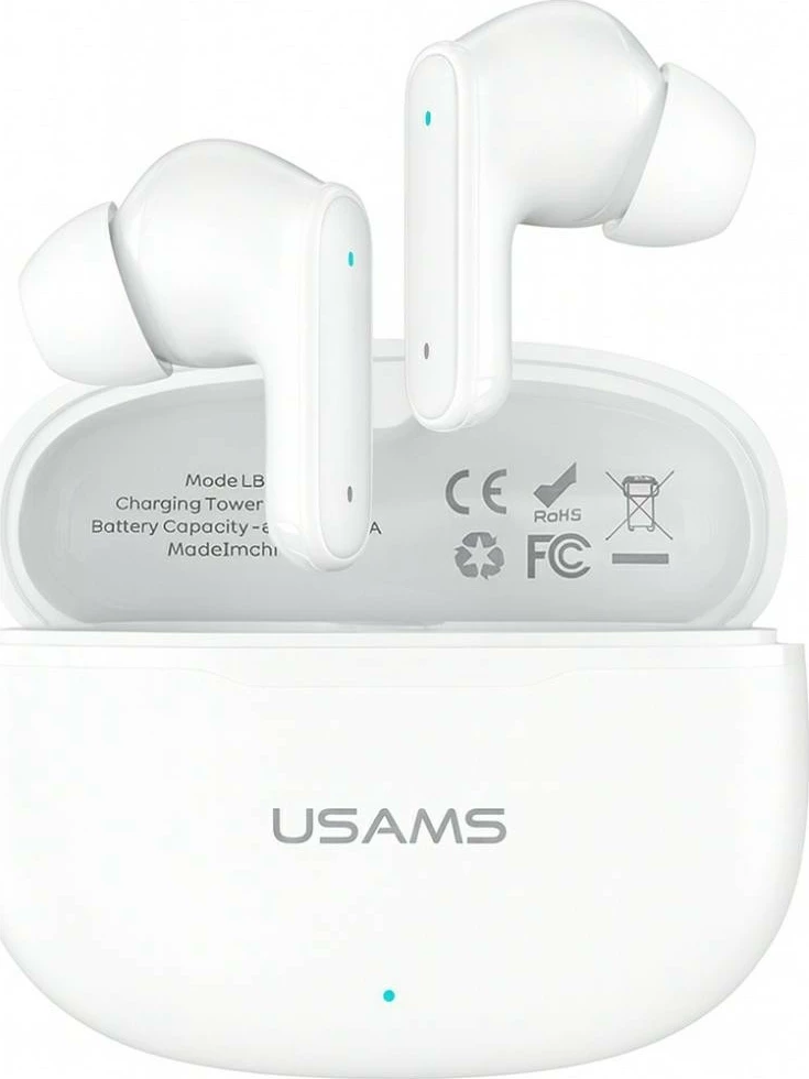 Kufje Bluetooth TWS, USAMS E05 (USA001684), Bluetooth 6.0, me kuti karikimi USB-C, të bardha