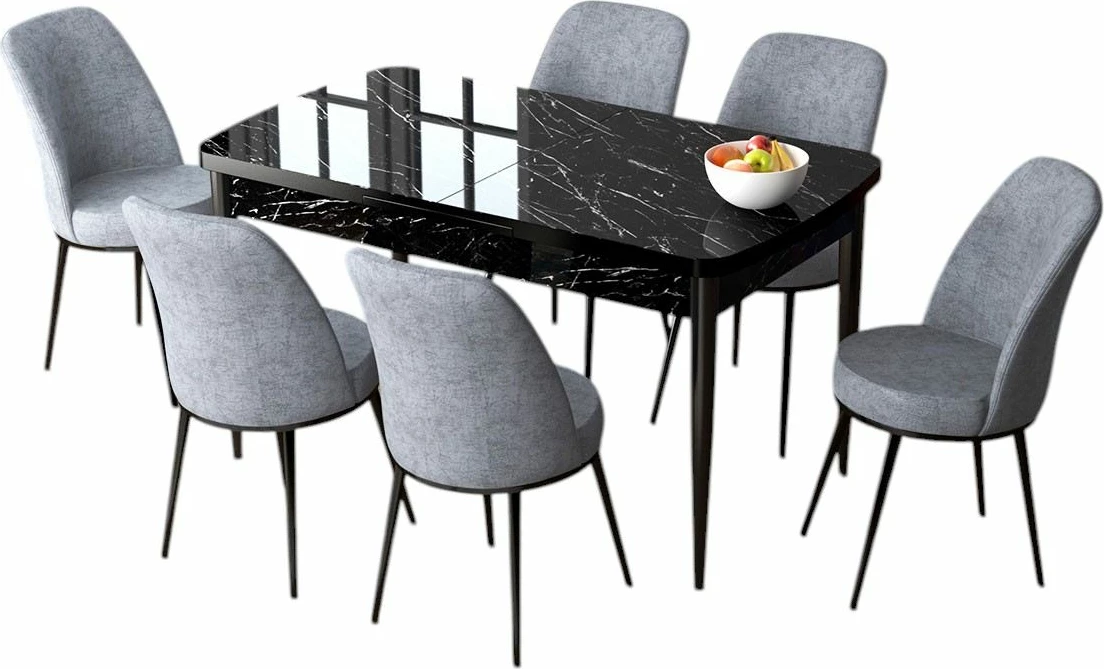 Set tavoline me karrige për ngrënie, zgjatues, Skye Decor, mermer i zi, gri, 7 copë
