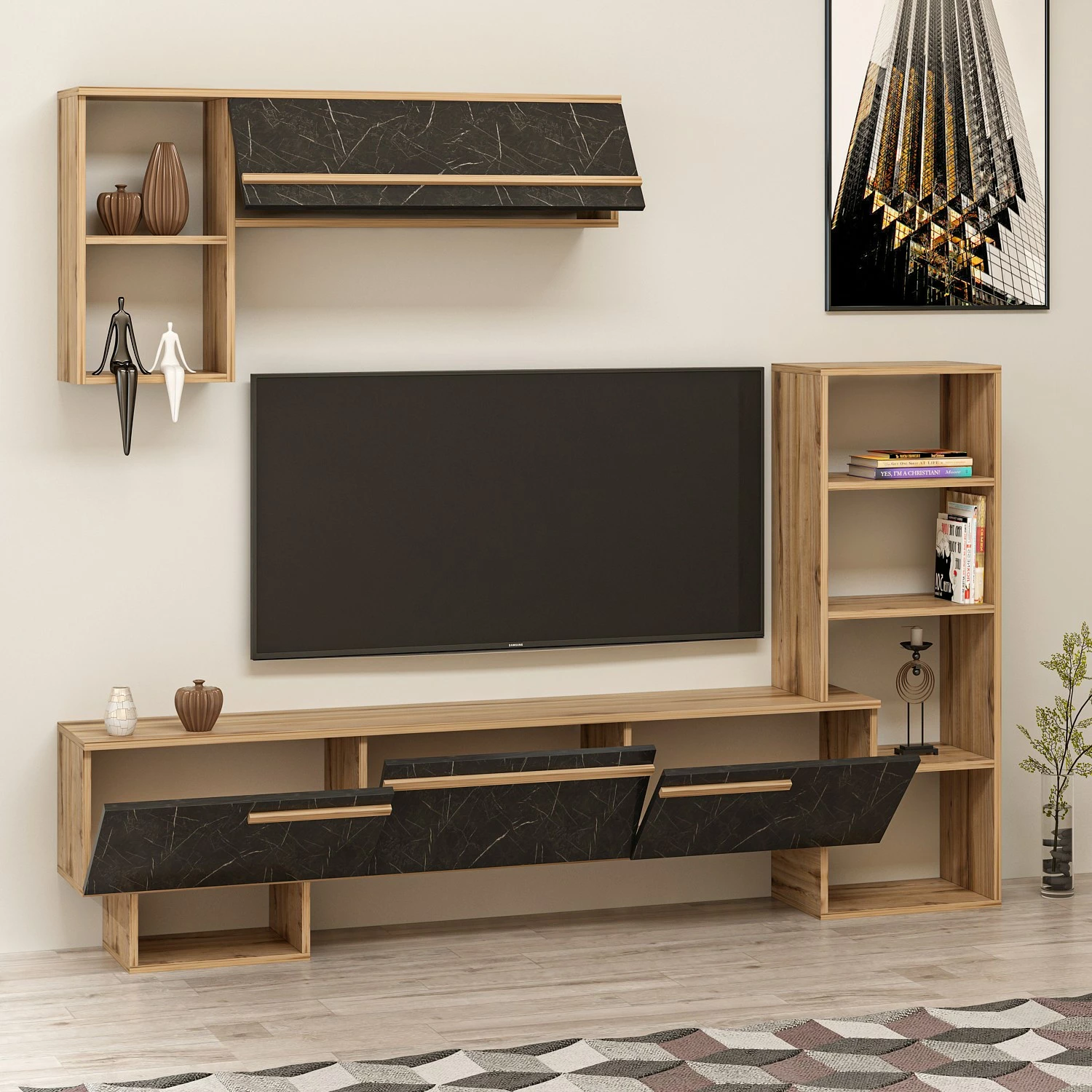 Komodë TV Hanah Home, Mega - Ciragan, Royal Marble, ngjyrë arre dhe e zezë