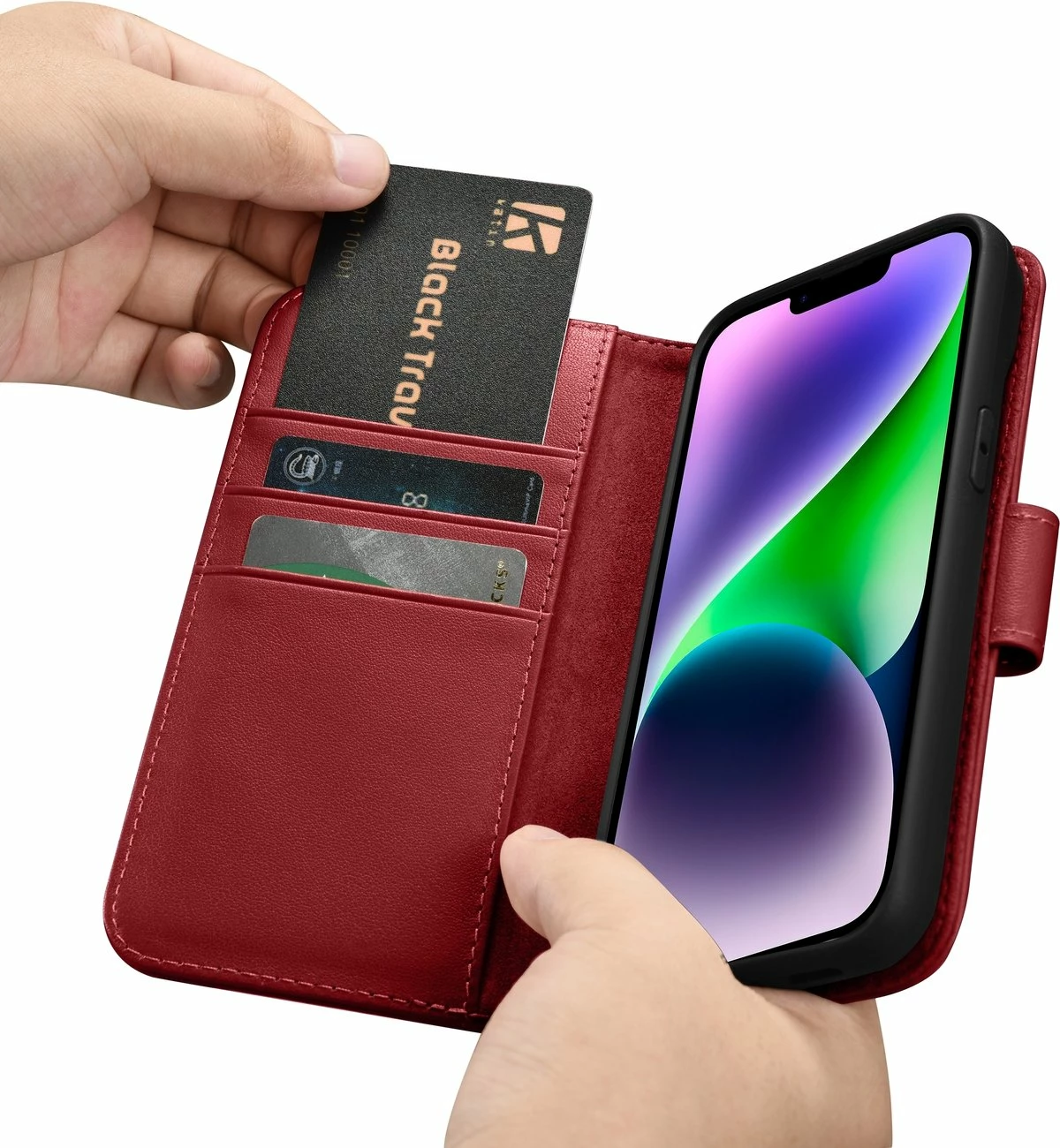 Mbështjellës iCarer Wallet Case 2in1 për iPhone 14 Plus, lëkurë natyrale, Anti-RFID, Kuq