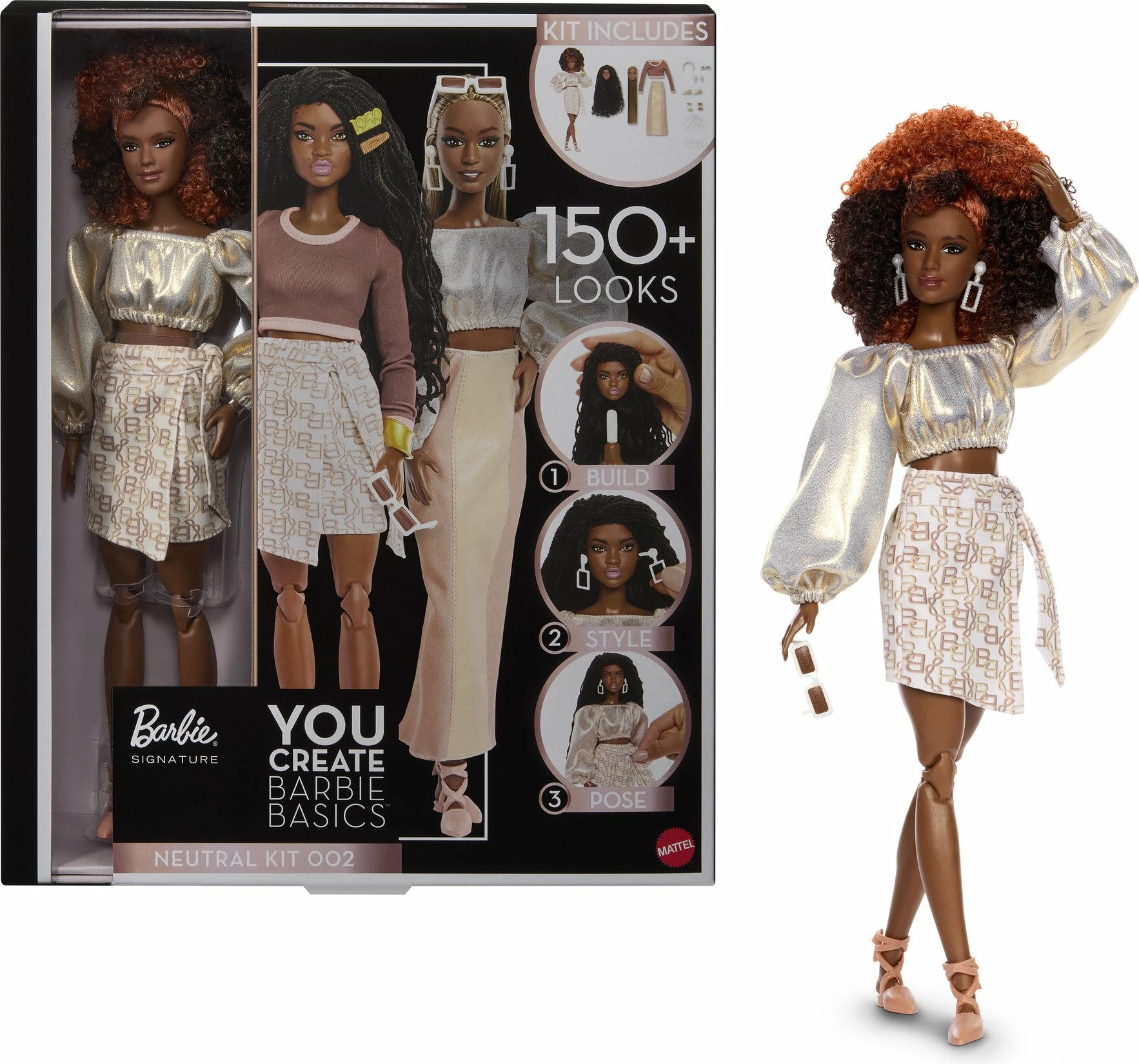 Kukull Barbie Mattel You Create Barbie Basics Neutral Set 002 (JJX36), me 2 koka të ndërrueshme, 4 veshje, aksesorë