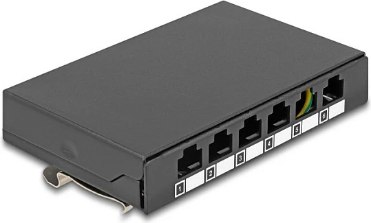 Panel bosh DeLOCK 6-port për module Keystone RJ, montim shinë DIN/Mur, metal, i zi