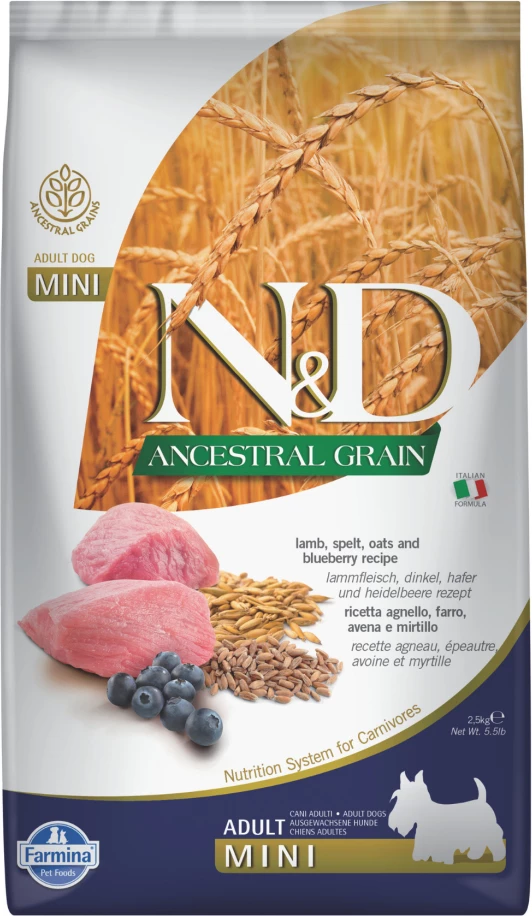 N&D Gruri Ancestral me Mish Qengji dhe Boronica për Qentë e Vegjël të Rritur 2,5kg