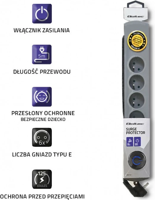 Prizë mbrojtëse Qoltec 50199, 6 dalje, 5m, Gri