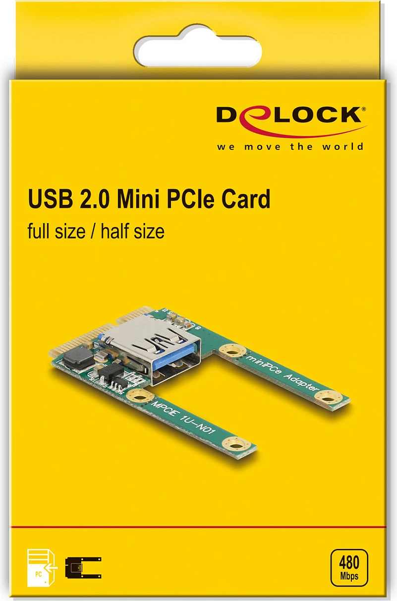 Adapter Mini PCIe DeLOCK mPCIe-USB 2.0, 1x USB Type-A, full size/half size, i gjelbër