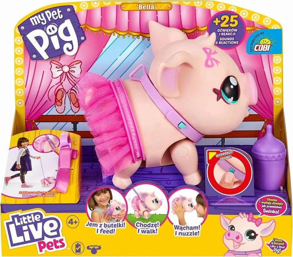 Figurinë interaktive Cobi Little Live Pets Pig Ballet Dancer, me zë, 2 mënyra loje, 4+, rozë, set me litar
