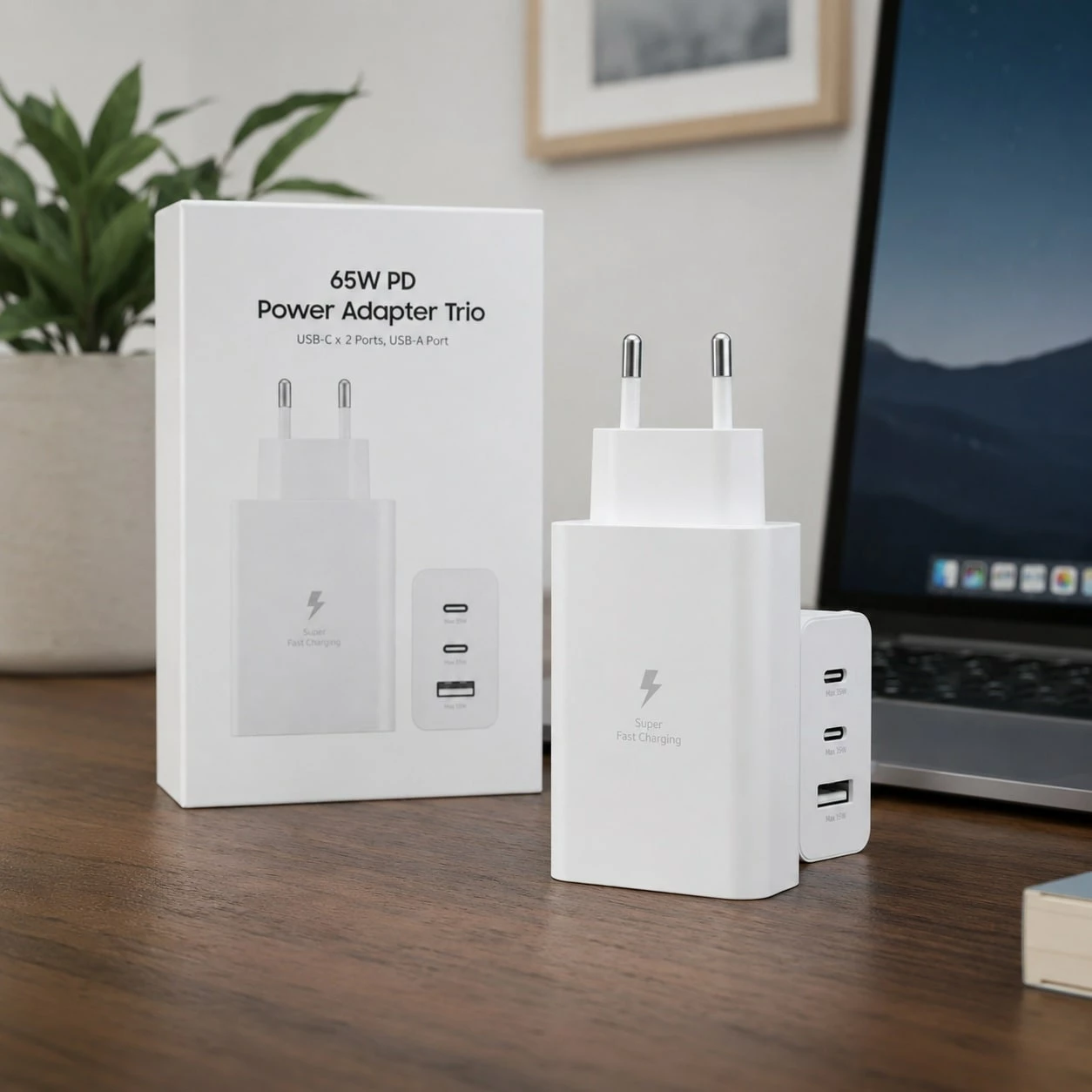 Karikues 65W PD Trio 2x USB-C + USB-A, EU Plug - i bardhë