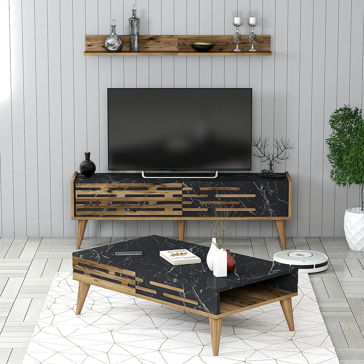 Set mobiljesh për dhomë dite Skye Decor, Valensiya 140, ngjyrë arre, e zezë, mermer