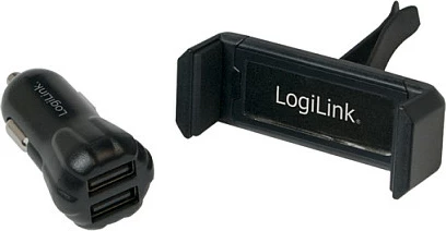 Karikues veture USB LogiLink, 2 porta + mbajtëse telefoni, e zezë