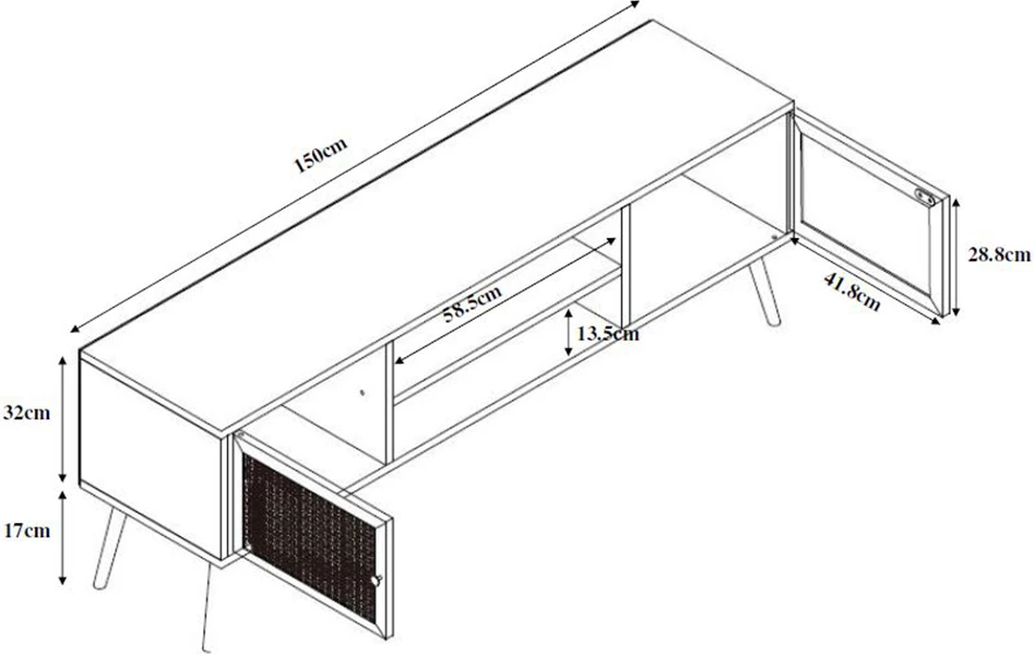 Komodë TV Ammos, 2 dyer, natyrale me ratan, 150x39x49