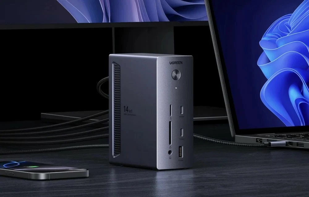 Docking station UGREEN CM843 14-në-1 USB-C, 2x DisplayPort, HDMI, PD 100W, RJ45 1Gb/s, gri