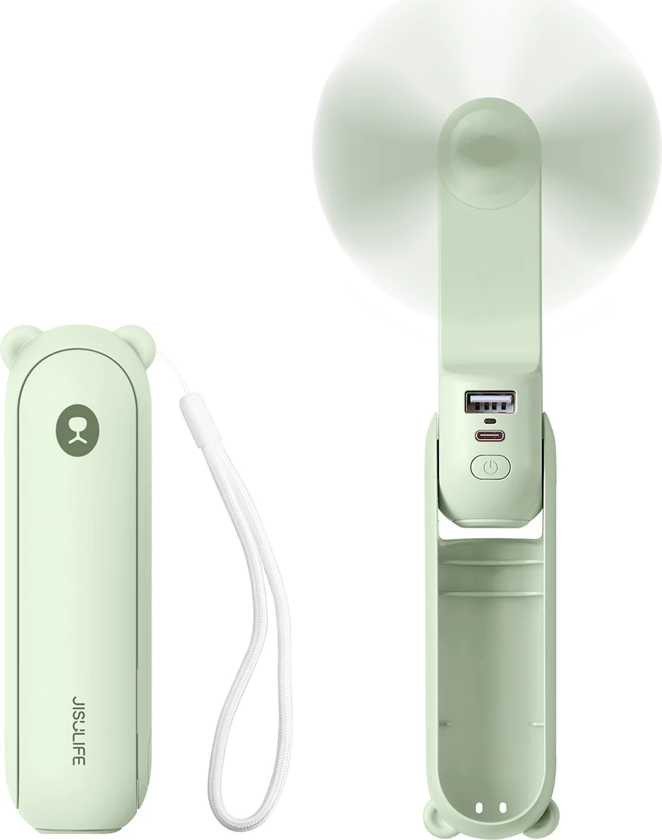 Ventilator dore Jisulife Life8 2000mAh 3-në-1 (power bank + dritë LED) USB-C i palosshëm, i gjelbër