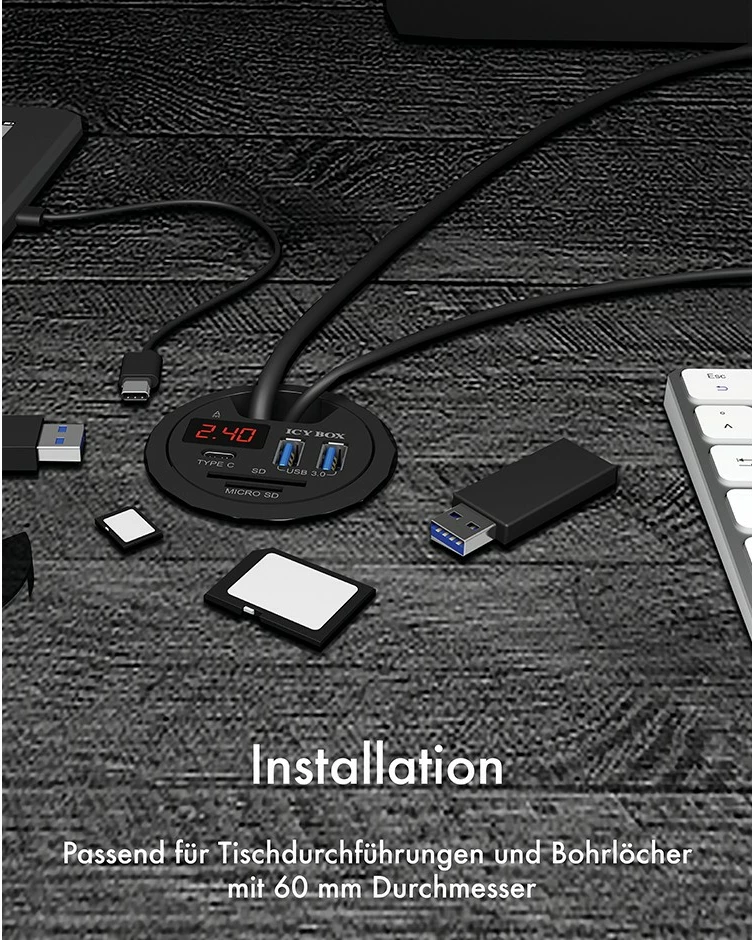 USB hub ICY BOX IB-HUB1404, 2 porta USB 3.0, Type-C, lexues kartelash, e zezë