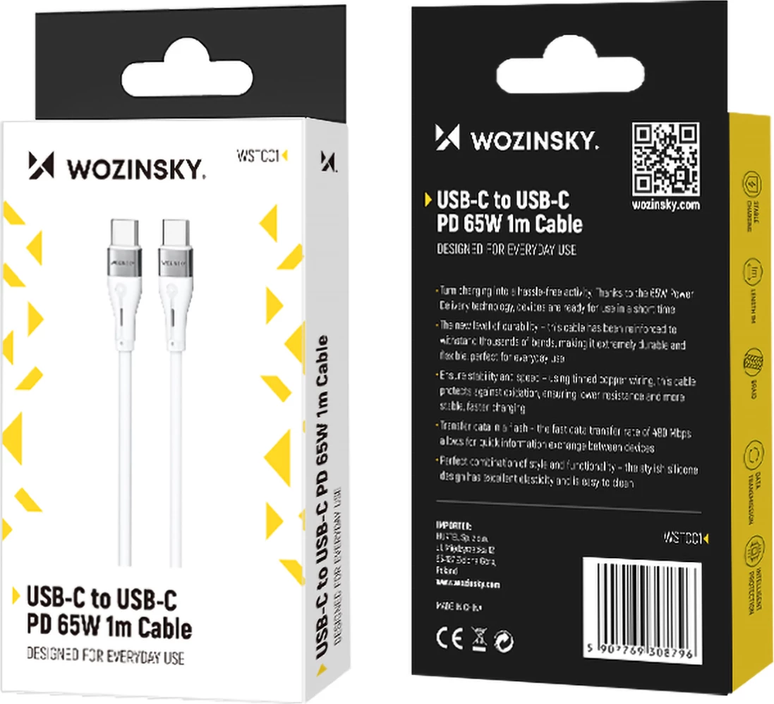 Kabllo USB-C në USB-C Wozinsky WSTCC1, 1m, 65W, Bardhë