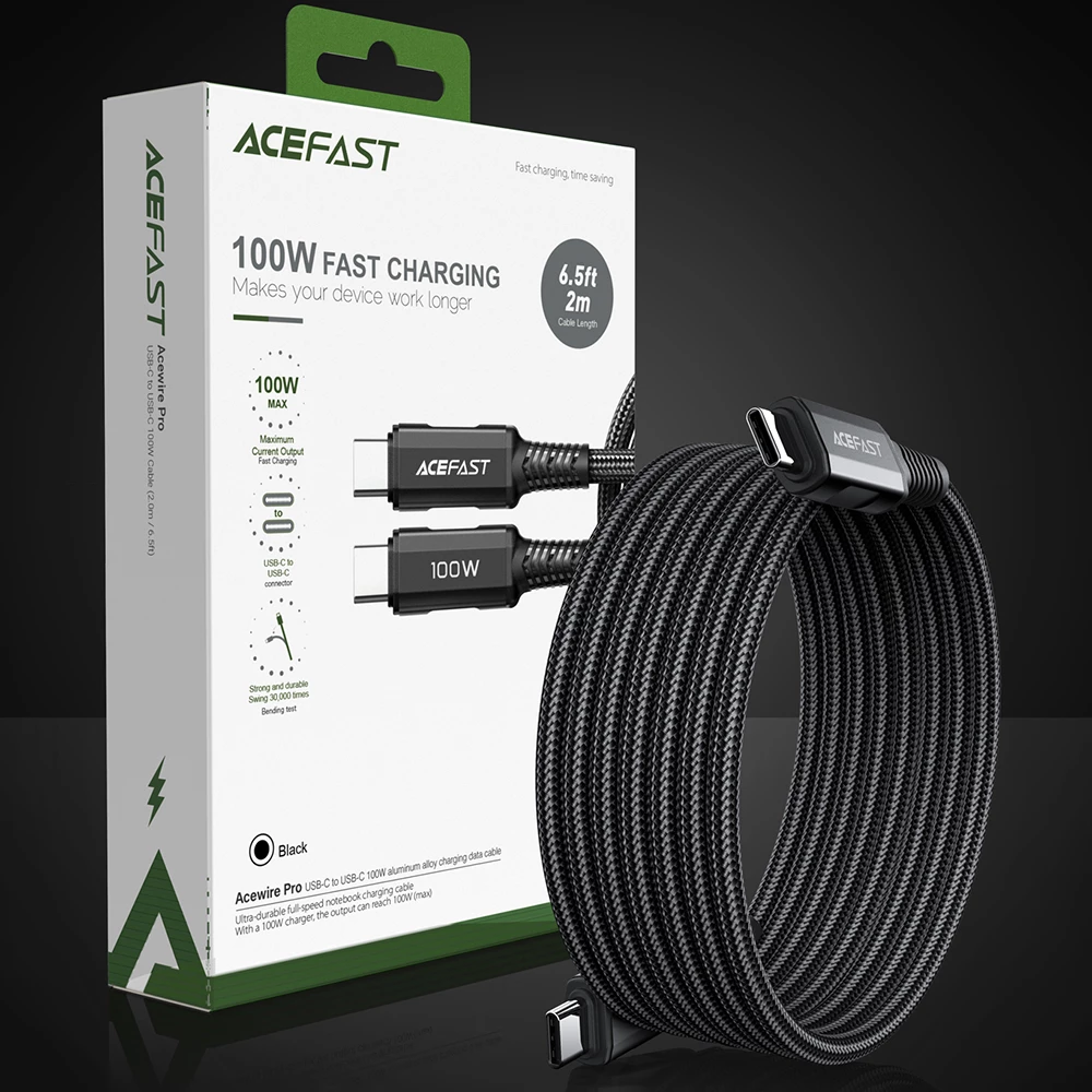 Kabllo USB-C në USB-C, Acefast C4-03, 2 m, 100W 5A, 480 Mb/s, PD QC, e zezë