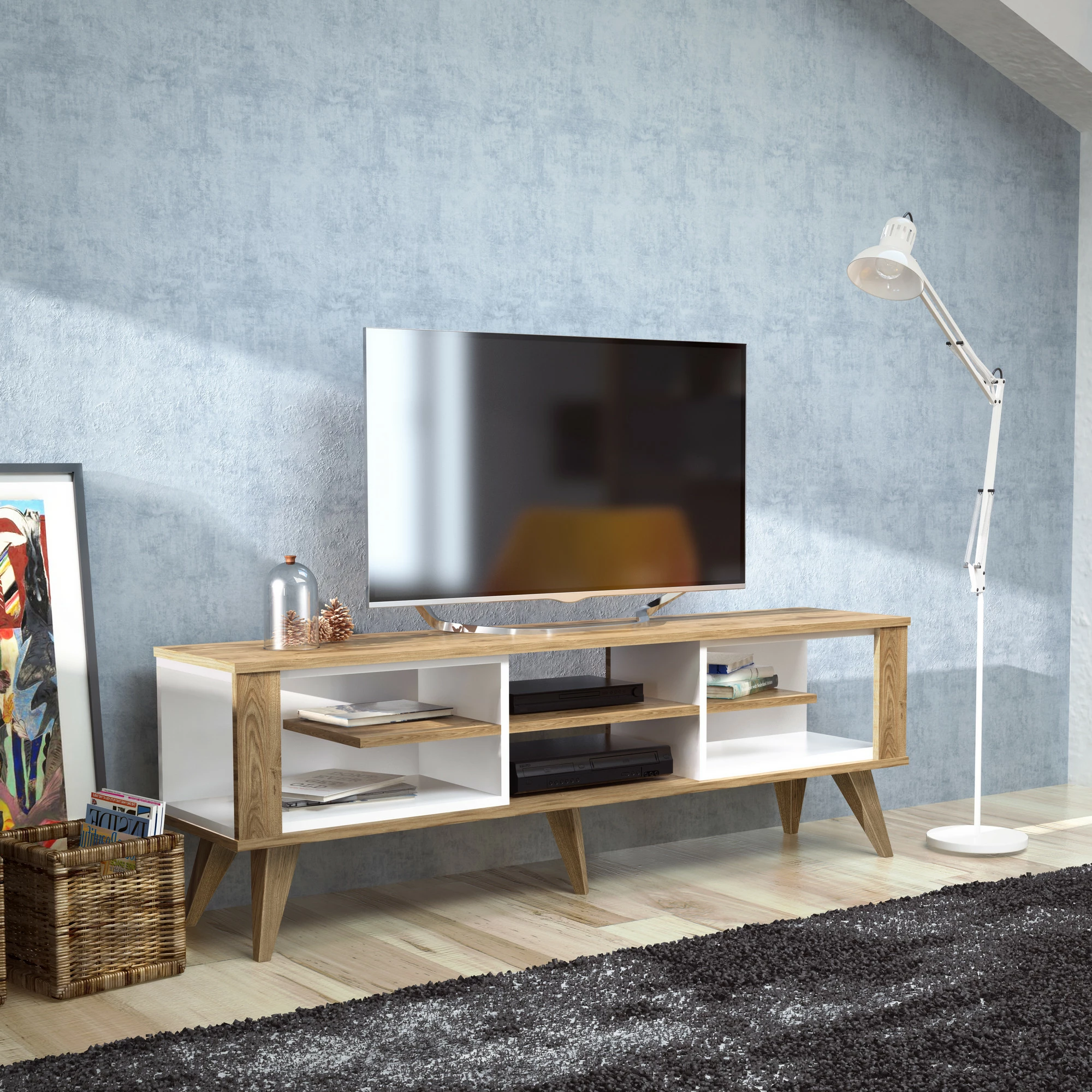 Komodë TV Skye Decor, ngjyrë lis dhe e bardhë, Ionis