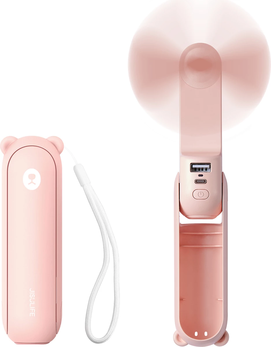 Ventilator dore portativ Jisulife Life8 2000mAh 3-në-1 (ventilator + llambë LED + power bank) USB-C/USB-A, rozë, set me kabllo USB-C + litar + manual