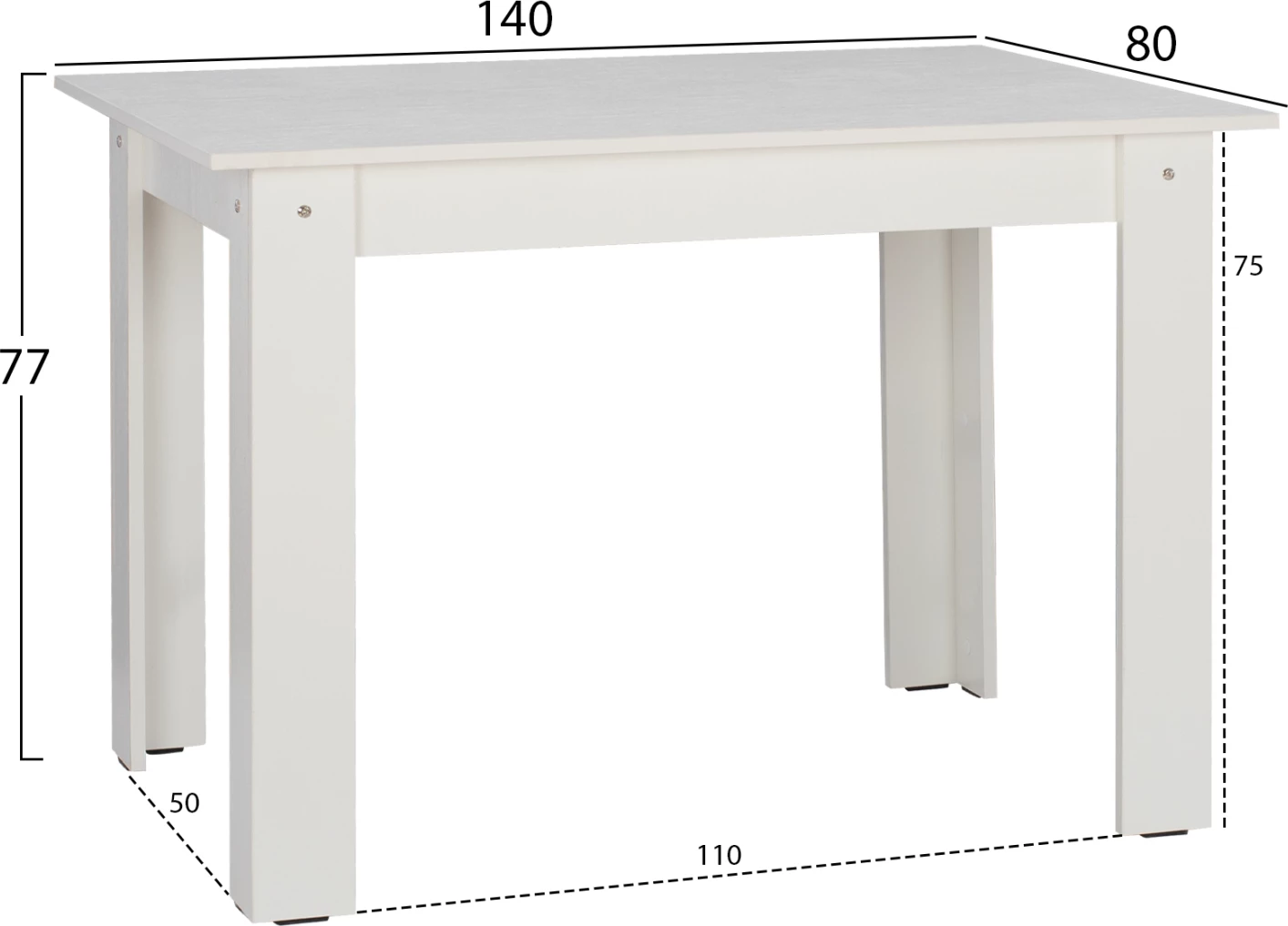 Tavolinë kuzhine KELVIN, e bardhë, melaminë, 140x80x77