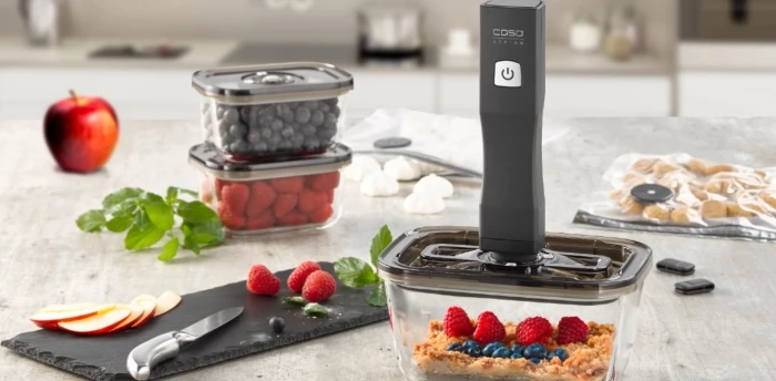 Aparat vakumi për ruajtje ushqimi CASO Vacu OneTouch Eco Set, USB-C, 1500 mAh, set me 3 enë qelqi + 10 qese ZIP, gri e errët/zezë