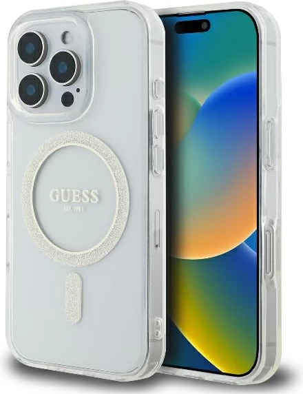 Mbështjellës Guess IML Glitter Circle MagSafe për iPhone 16 Pro 6.3", transparent