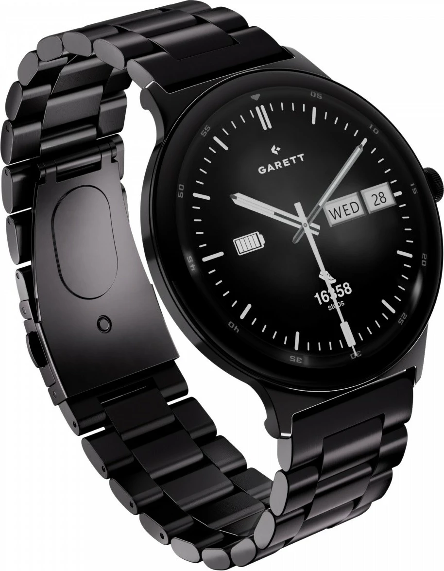 Smartwatch Garett Quantum AMOLED 1.43\" Bluetooth IP68, zi, set me byzylyk çelik + rrip lëkure i zi + dokë karikimi USB