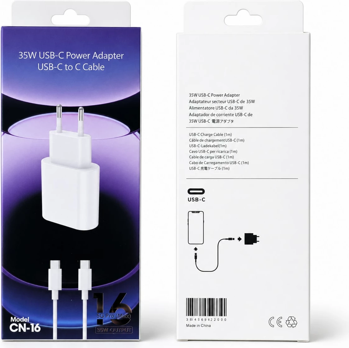 Karikues USB-C 35W për iPhone 16 Pro Max me Kabllo USB-C në USB-C 1 m - Adapter Rryme me Prizë EU