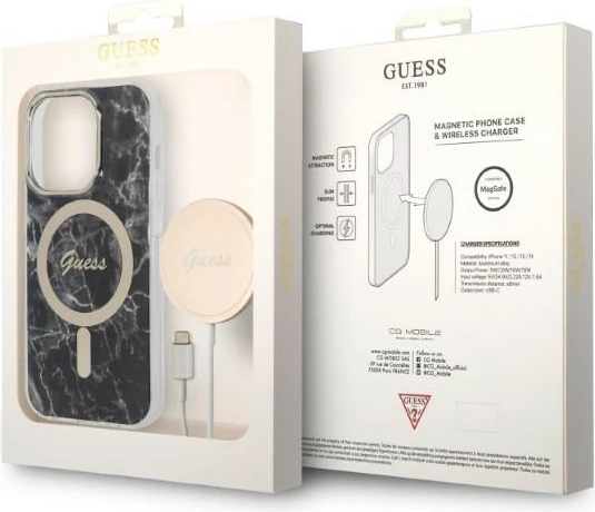 Set mbështjellës Guess Marble Collection me karikues wireless MagSafe për iPhone 14 Pro Max, 6.7", zi/artë