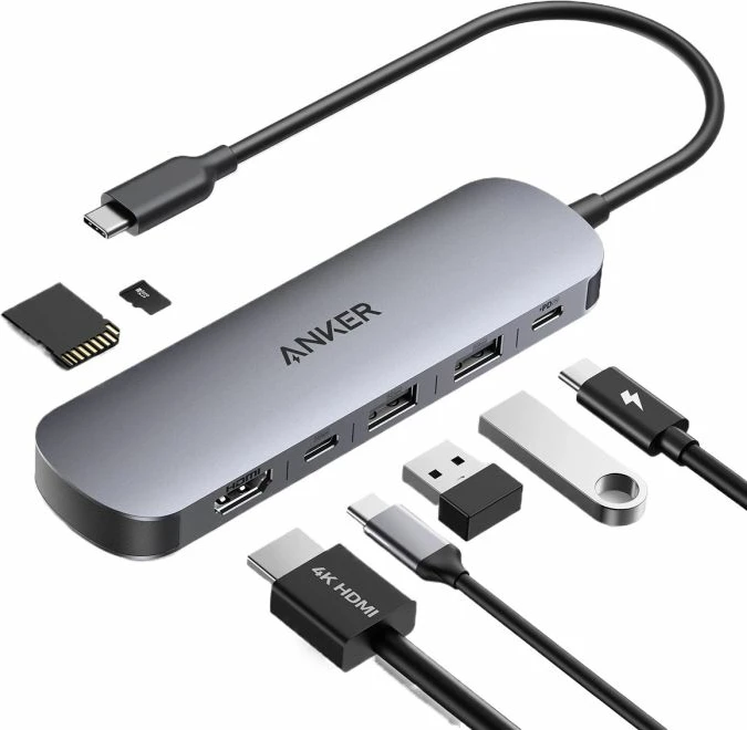 Hub USB-C Anker Nano A83D2HA1 7n1, 4K HDMI, 100W PD, 5Gbps, gri