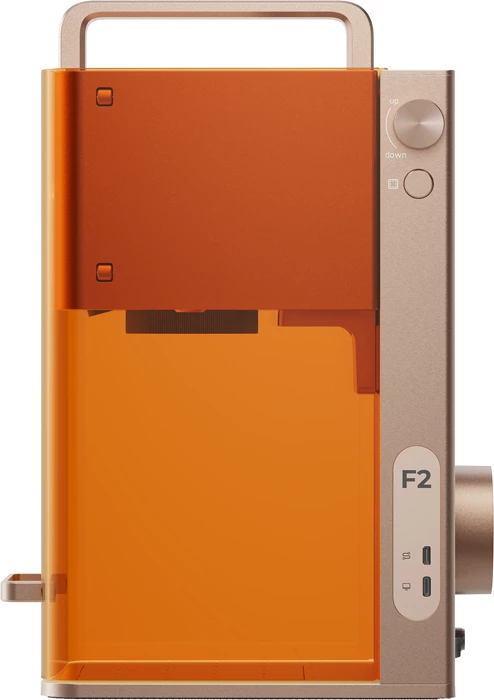 makinë gdhendëse me laser 2‑në‑1, xTool F2, 15 W diodë + 5 W infra 1064 nm, shpejtësi 6000 mm/s, kamerë 50 MP, zonë pune 115×115 mm, portokalli