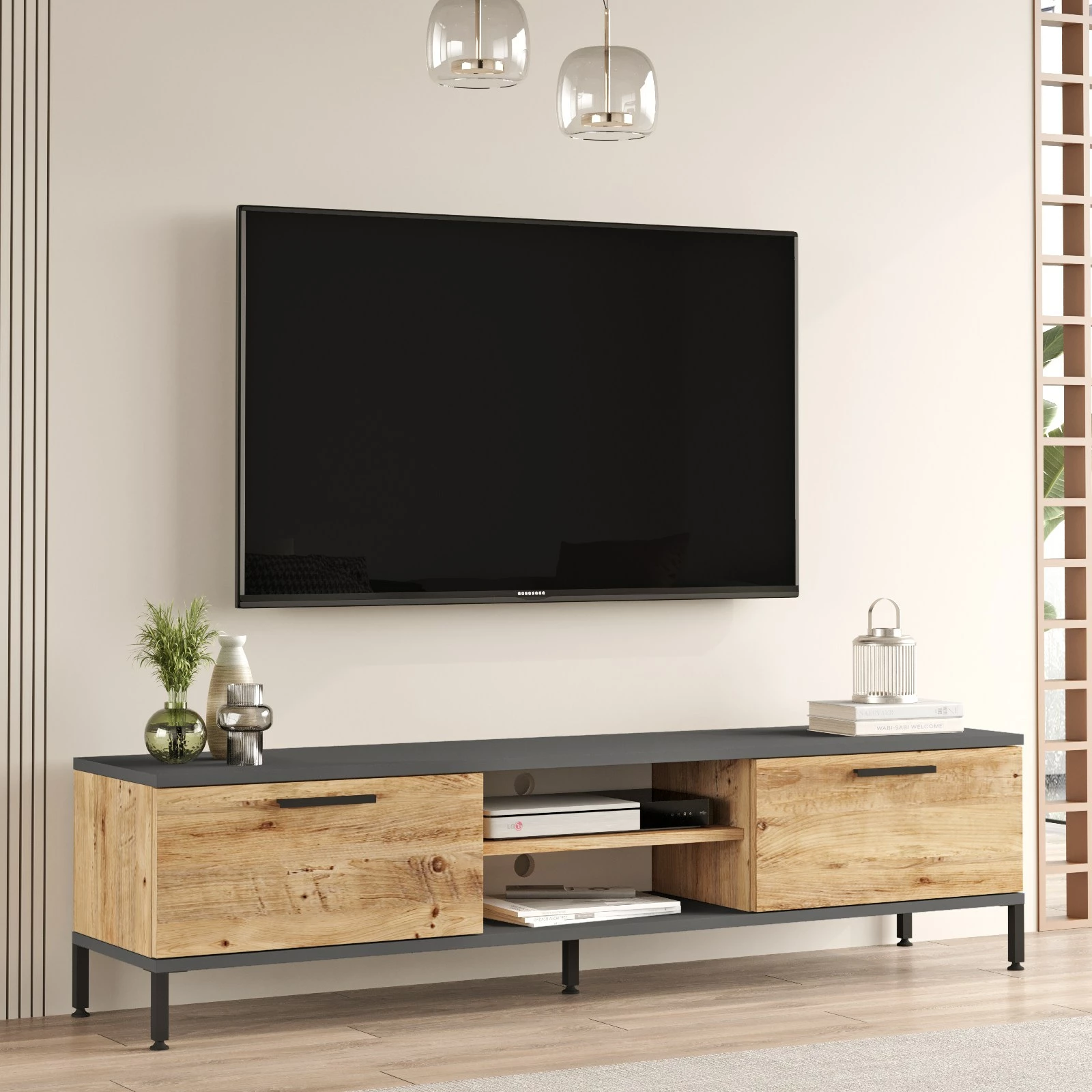 Konsolë TV Hanah Home, Rl1-Aa, ngjyrë Atlantic Pine dhe antracit