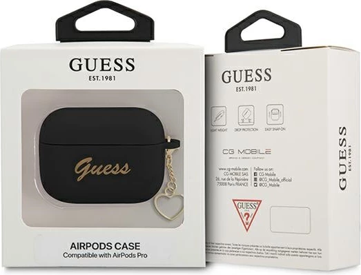 Mbështjellës Guess GUAPLSCHSK për AirPods Pro, Charm Heart Collection, Silikon, Zi