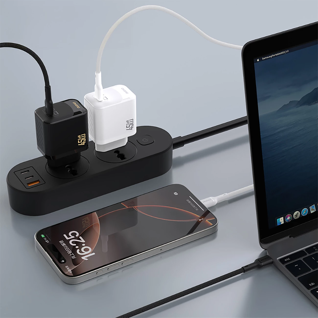 Karikues muri Dudao A28C, GaN, 45W, me kabllo USB-C, Bardhë