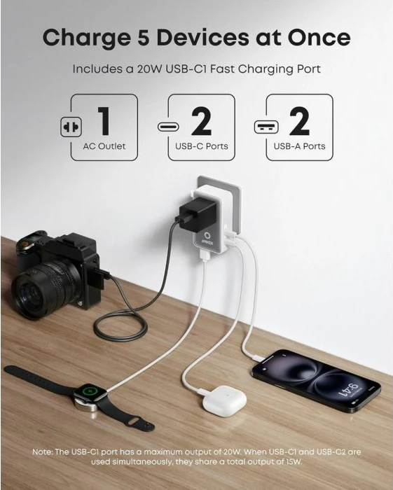 Adapter udhëtimi ANKER Nano A9215H21, 20W, 5-në-1 (2x USB-C/2x USB-A/AC), i bardhë