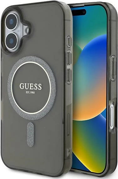 Mbështjellës Guess IML Glitter Circle MagSafe për iPhone 16, i zi