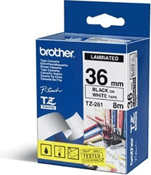 Shirit etiketimi, Brother, TZE-261, 36 mm 8 m, i laminuar, zi në të bardhë