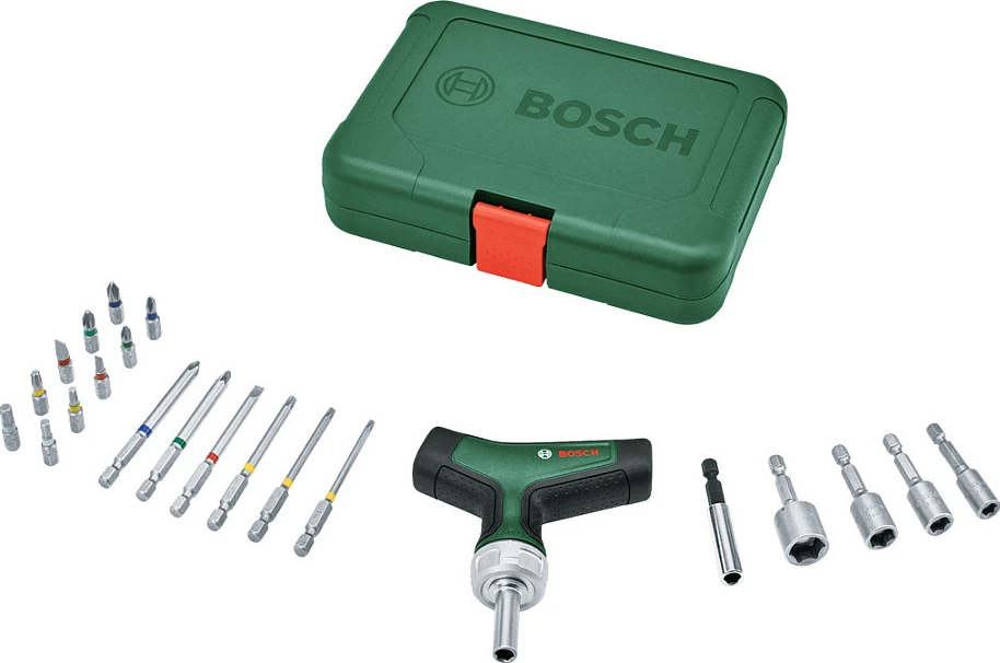 Kaçavidë me bit Bosch T-Grip ratchet, set 22 pjesë, 16 bita, 46 Nm, gjelbër/zi