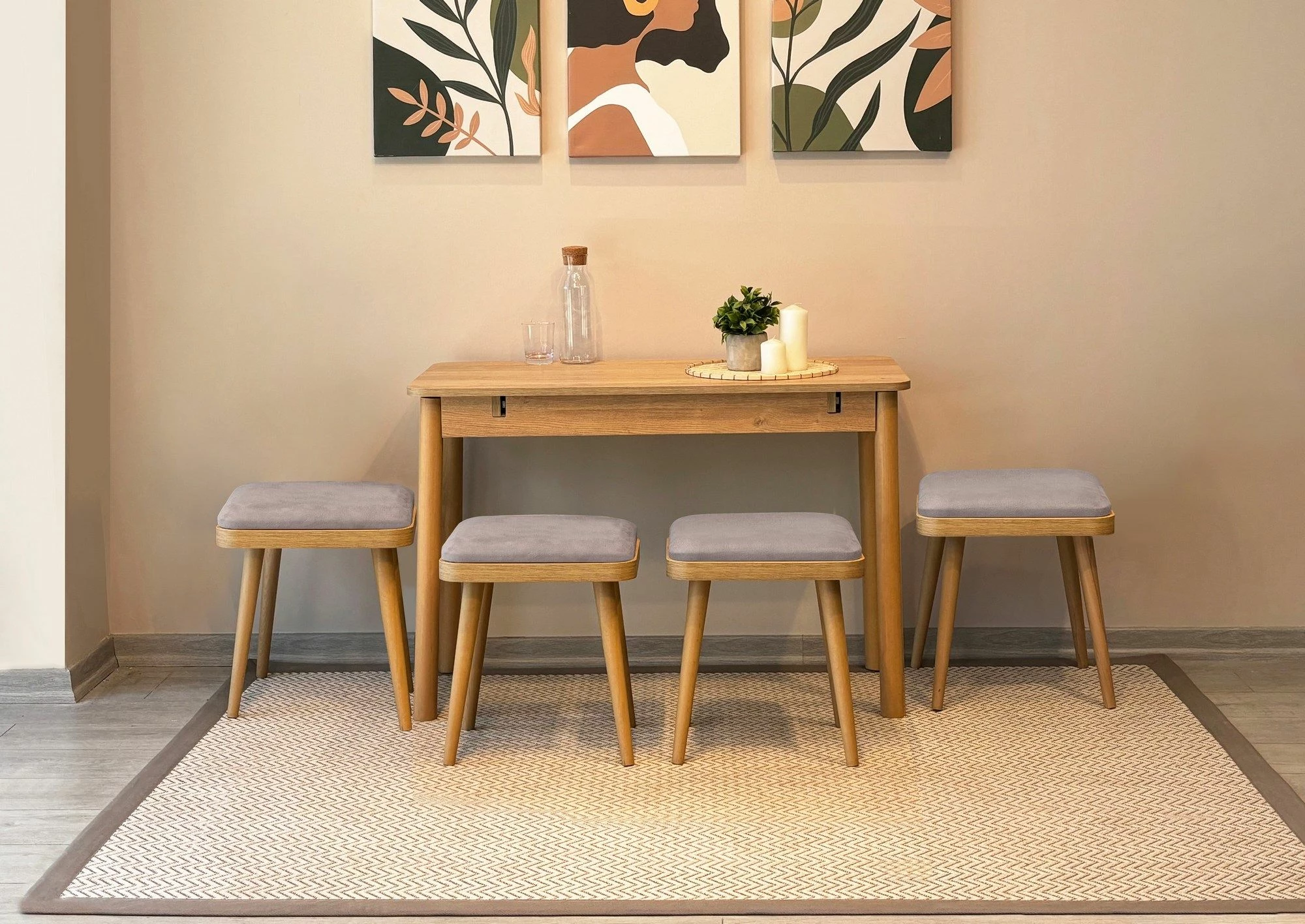 Set tavoline me karrige për ngrënie, zgjatshme, 6 pjesë, Skye Decor, Vina Mini 06 0701, ngjyrë lis, Soho Grey