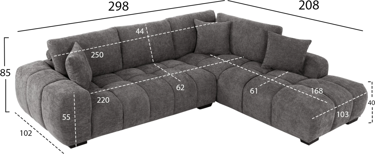 Këndi i divanit (djathtas) COVEN FH3266.03R, pëlhurë gri e errët, 298x102-208x85H cm