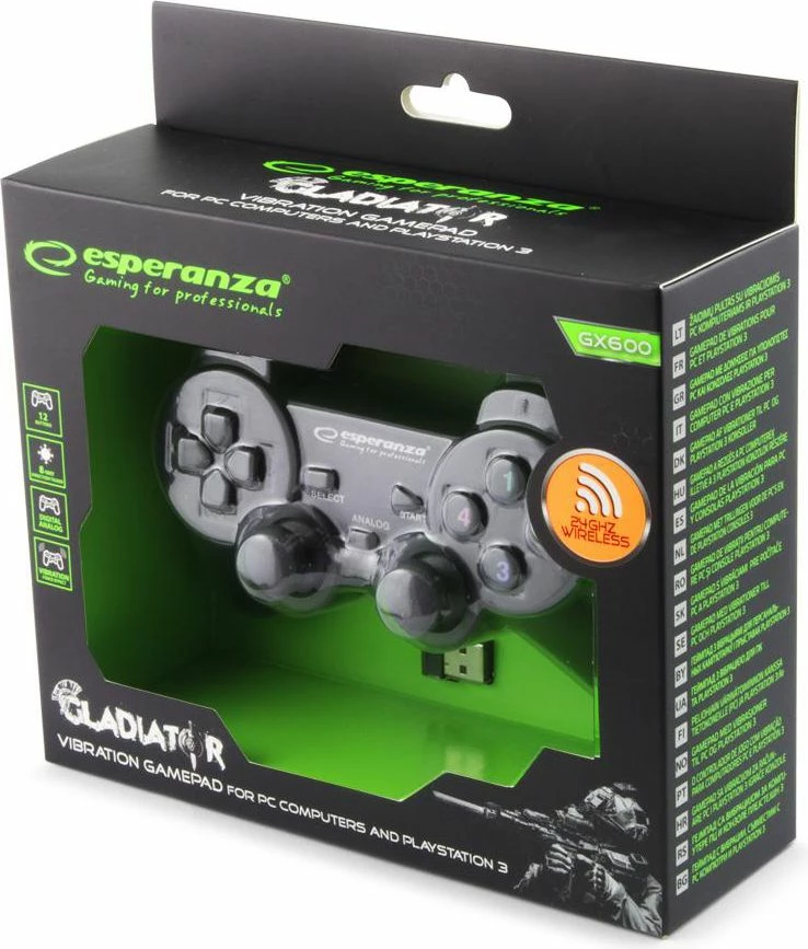 Kontroller lojerash Esperanza Gladiator EGG108K, wireless, me vibrim, per PC/PS3, i zi