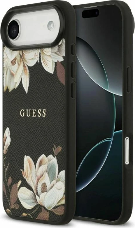 Kapak telefoni Guess Grained Flowers Classic Logo MagSafe për iPhone Air, i zi