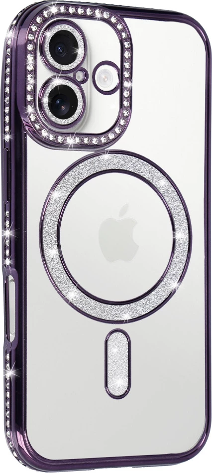 Mbështjellës silikoni ONASI MagSafe për iPhone 17, luks, transparent vjollcë me glitter