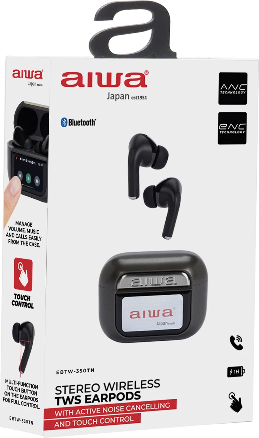 Kufje TWS Aiwa EBTW-350TN, ANC, Bluetooth 5.4, ekran me prekje, deri 20 orë, të zeza