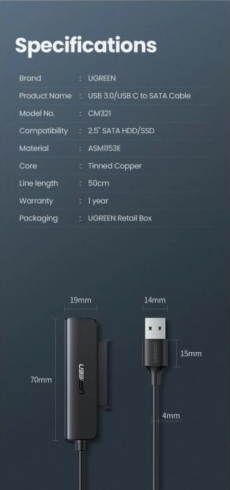 Adapter UGREEN 70609 SATA III në USB 3.2 Gen 1 për HDD/SSD 2.5", 5 Gbps, i zi
